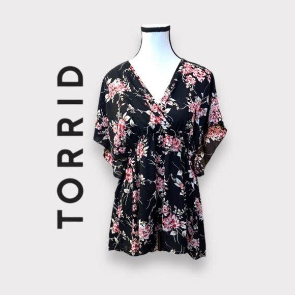 NWOT Women’s Torrid Black Floral Babydoll Georgette Surplice Top 2 2X 2XL XXL - Picture 2 of 11